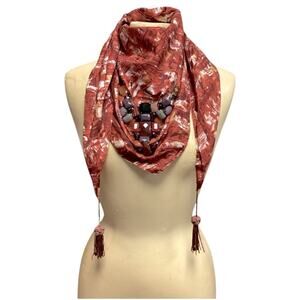 Roberta Freyman Orange Print Jeweled Boho Artsy Tassle Neck Scarf Shawl